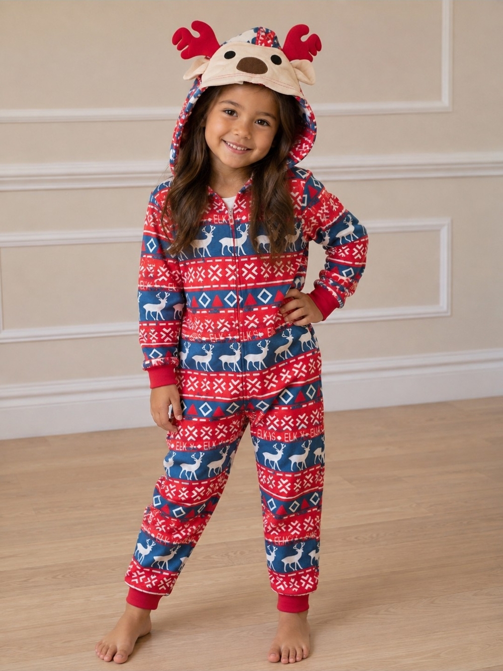 Kids Red & Blue Reindeer Hooded Pajamas